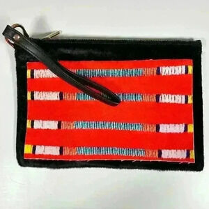 SOUTHWESTERN Black Faux Fur Cow Red Print Pattern Zip Top Pouch Organizer Purse